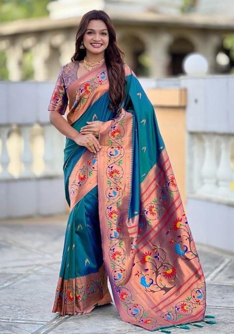 Teal Woven Faux Paithani Silk Saree Set