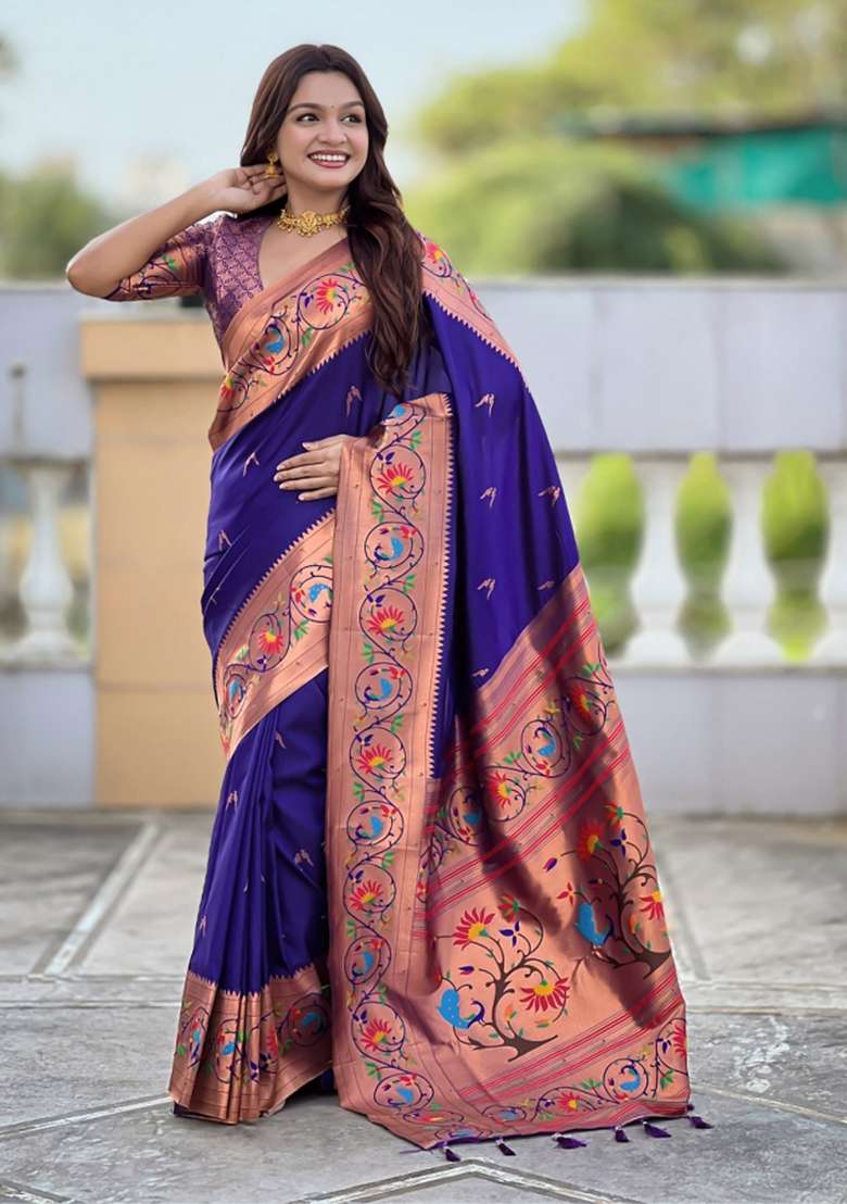 Violet Woven Faux Paithani Silk Saree Set for Diwali | Wedding & Festive Wear - Indya
