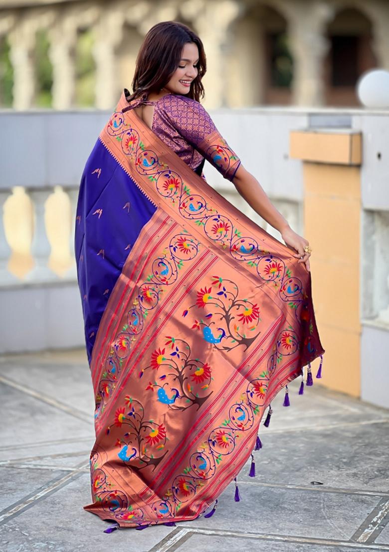 Violet Woven Faux Paithani Silk Saree Set - Indya
