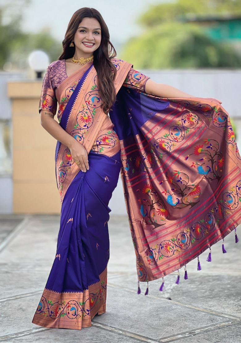 Violet Woven Faux Paithani Silk Saree Set - Indya