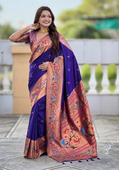 Violet Woven Faux Paithani Silk Saree Set