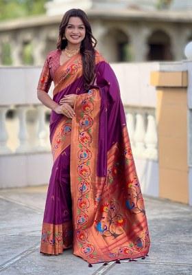 Wine Woven Faux Paithani Silk Saree Set