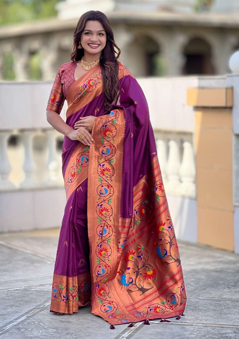 Wine Woven Faux Paithani Silk Saree Set for Diwali | Wedding & Festive Wear - Indya