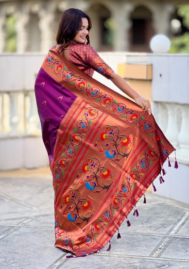 Wine Woven Faux Paithani Silk Saree Set - Indya