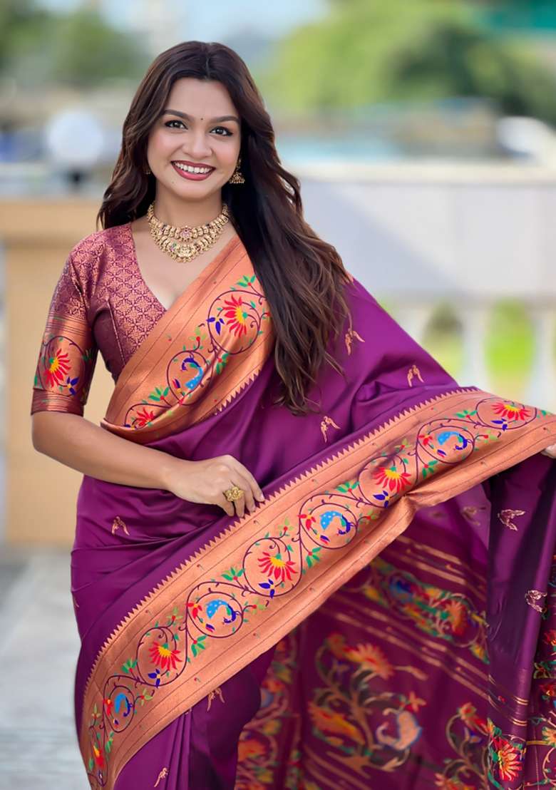 Wine Woven Faux Paithani Silk Saree Set for Diwali | Wedding & Festive Wear - Indya