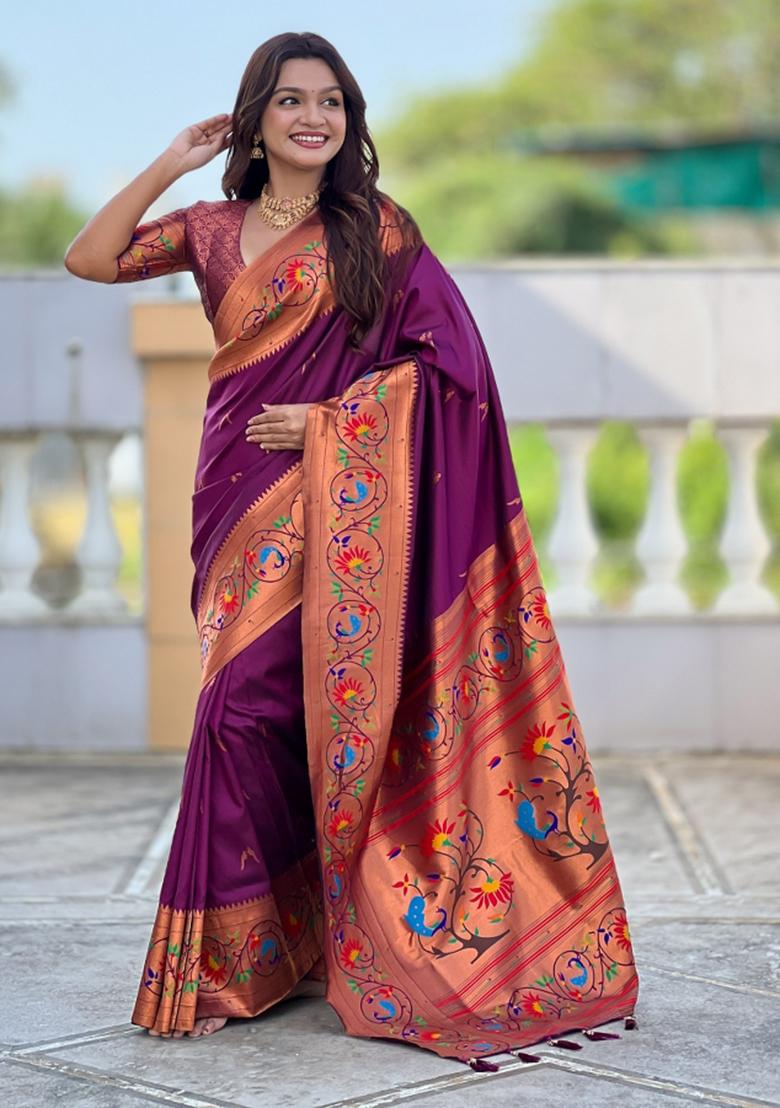Wine Woven Faux Paithani Silk Saree Set - Indya