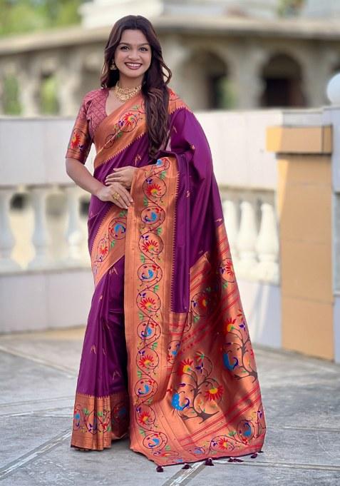 Wine Woven Faux Paithani Silk Saree Set
