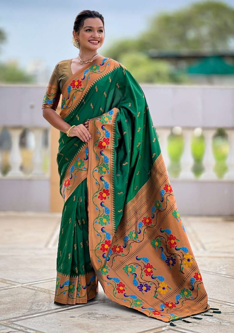 Green Woven Faux Paithani Silk Saree Set for Diwali | Wedding & Festive Wear - Indya