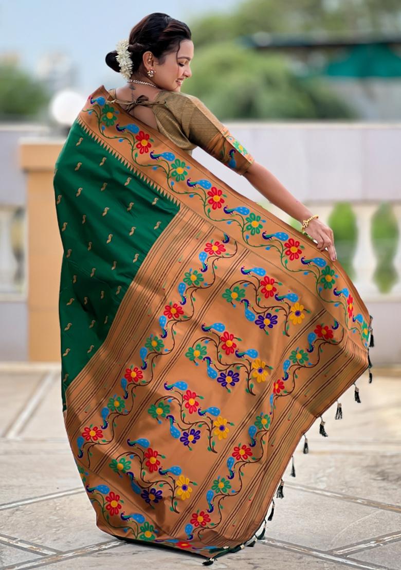 Green Woven Faux Paithani Silk Saree Set - Indya
