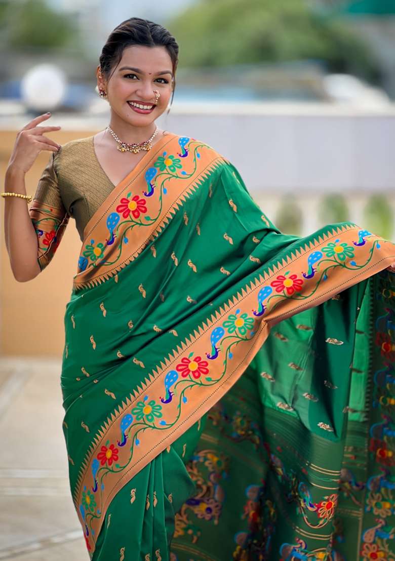 Green Woven Faux Paithani Silk Saree Set for Diwali | Wedding & Festive Wear - Indya