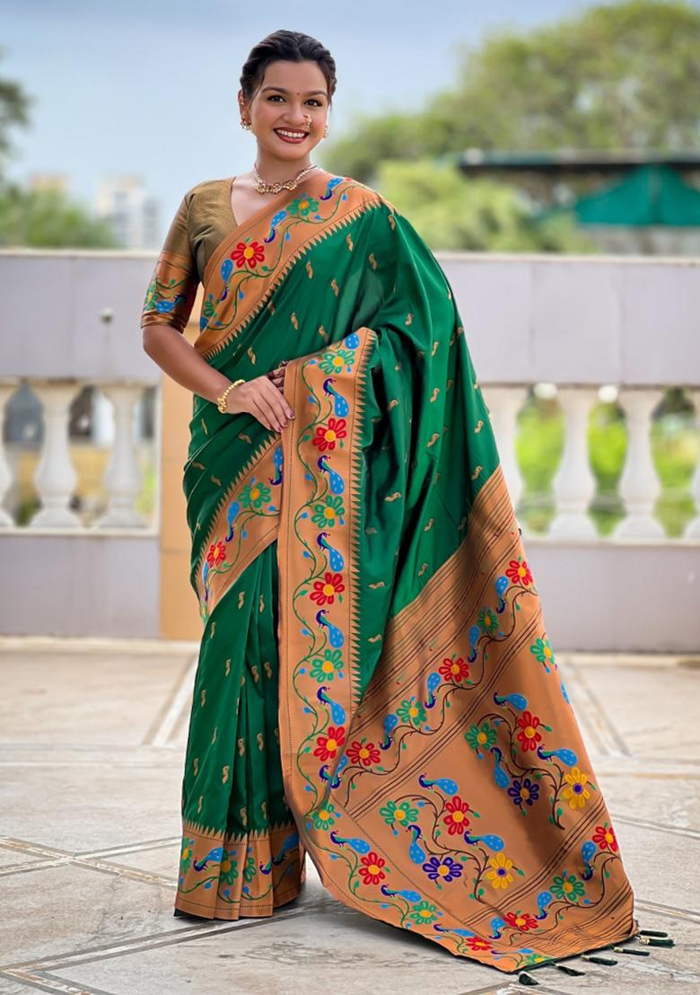 Green Woven Faux Paithani Silk Saree Set - Indya