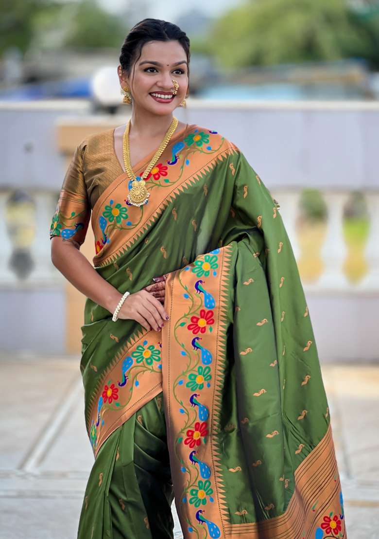 Green Woven Faux Paithani Silk Saree Set for Diwali and Festive Wear - Indya