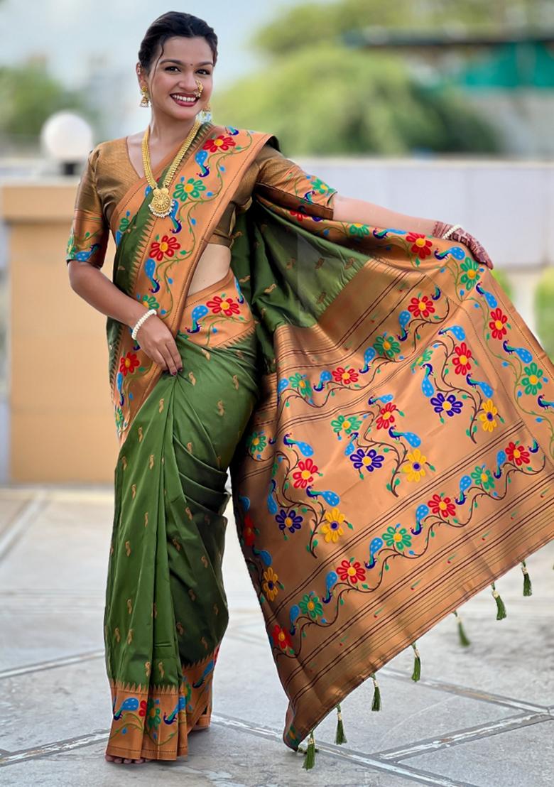 Green Woven Faux Paithani Silk Saree Set - Indya