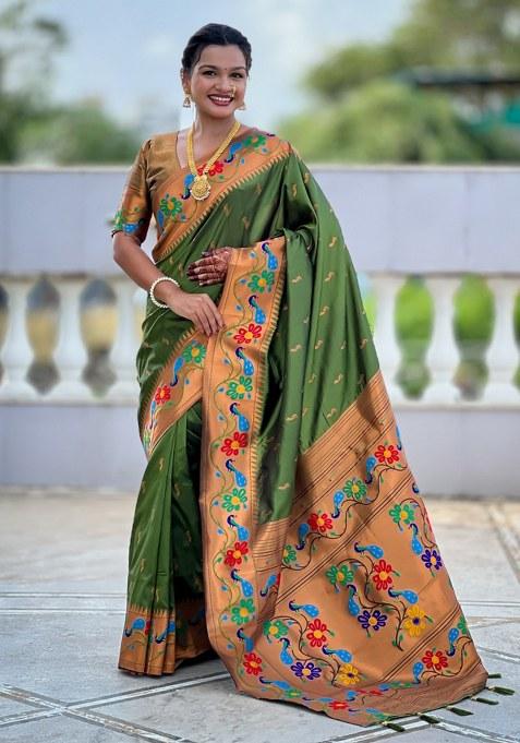 Green Woven Faux Paithani Silk Saree Set