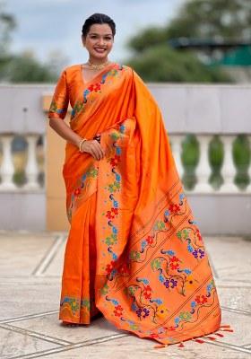 Orange Woven Faux Paithani Silk Saree Set