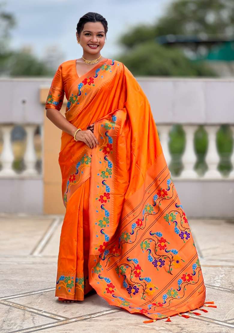 Orange Woven Faux Paithani Silk Saree Set for Diwali | Wedding & Festive Wear - Indya