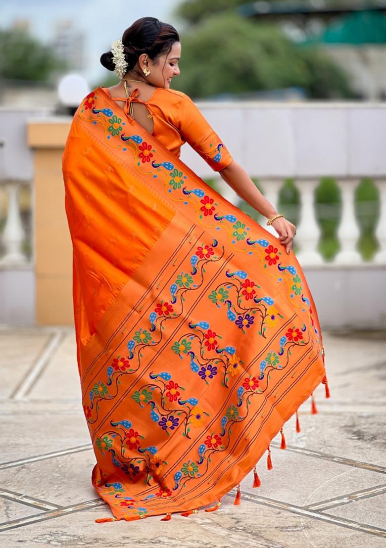 Orange Woven Faux Paithani Silk Saree Set - Indya