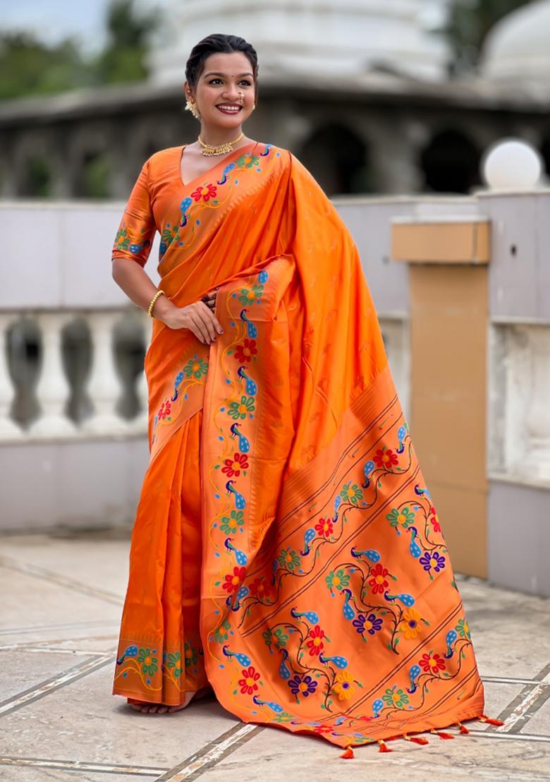 Orange Woven Faux Paithani Silk Saree Set - Indya