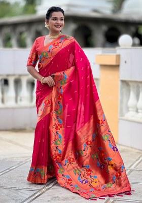 Pink Woven Faux Paithani Silk Saree Set