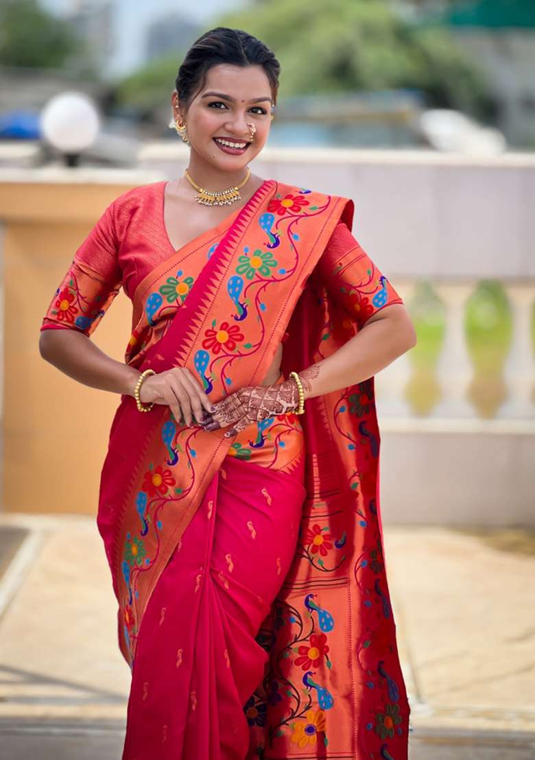 Pink Woven Faux Paithani Silk Saree Set for Diwali | Wedding & Festive Wear - Indya