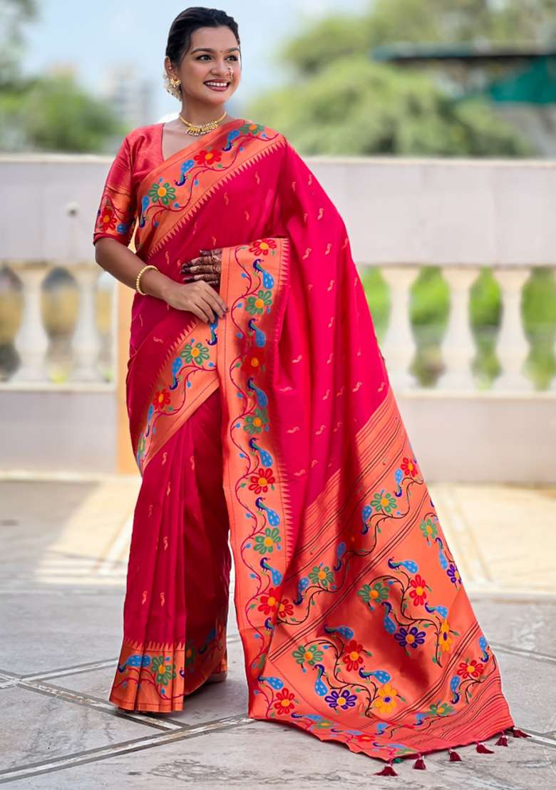 Pink Woven Faux Paithani Silk Saree Set for Diwali | Wedding & Festive Wear - Indya