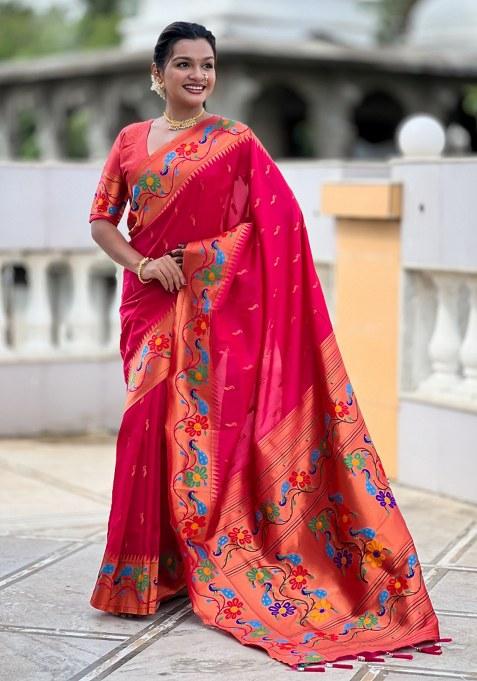 Pink Woven Faux Paithani Silk Saree Set