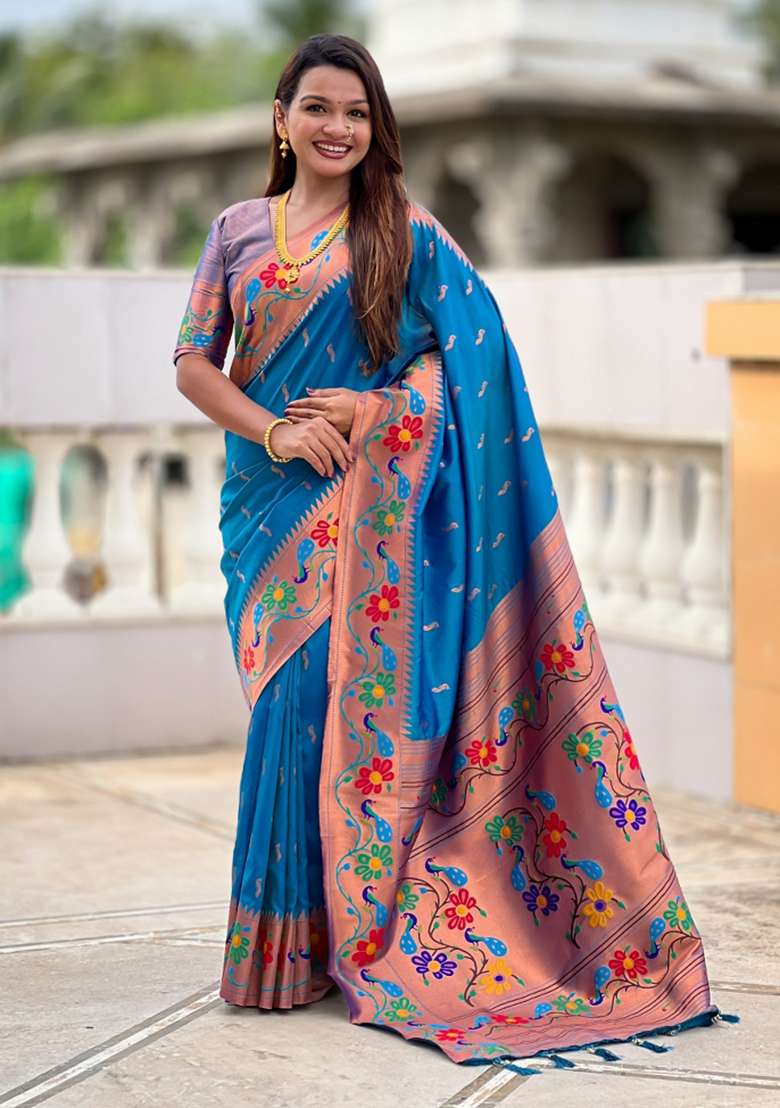 Sky Blue Woven Faux Paithani Silk Saree Set for Diwali | Wedding & Festive Wear - Indya