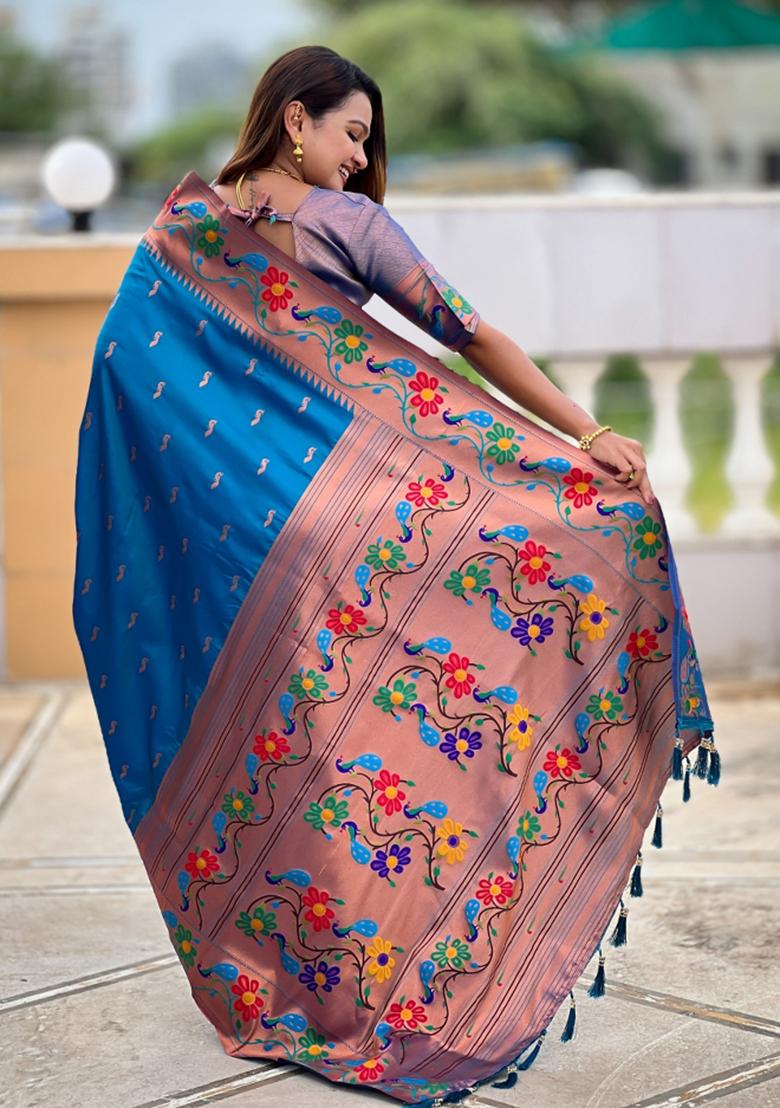 Sky Blue Woven Faux Paithani Silk Saree Set - Indya