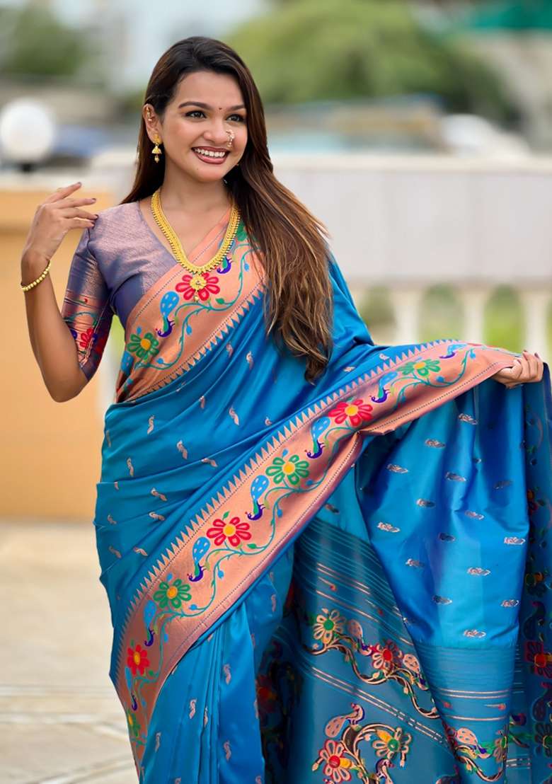 Sky Blue Woven Faux Paithani Silk Saree Set for Diwali | Wedding & Festive Wear - Indya