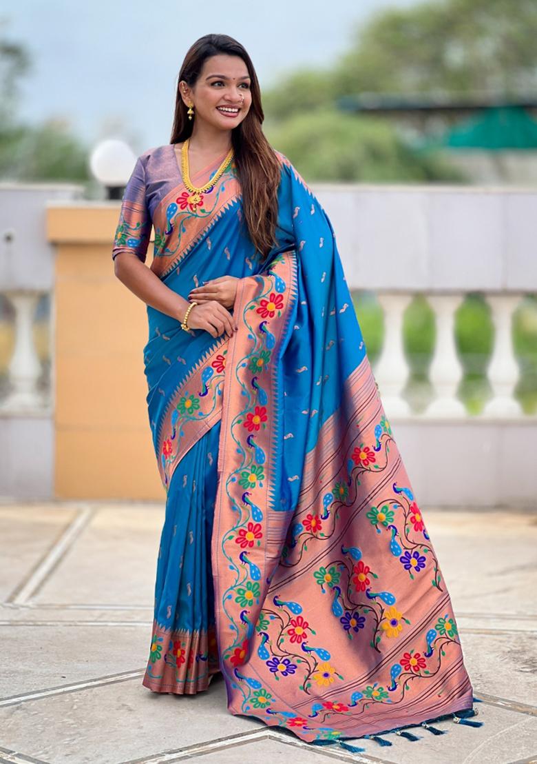 Sky Blue Woven Faux Paithani Silk Saree Set - Indya