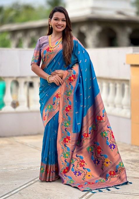 Sky Blue Woven Faux Paithani Silk Saree Set