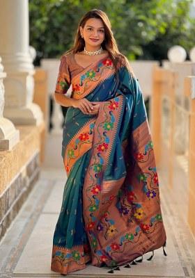 Teal Woven Faux Paithani Silk Saree Set