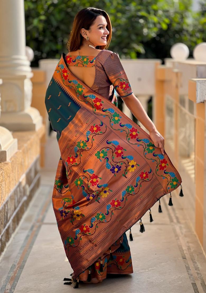 Teal Woven Faux Paithani Silk Saree Set - Indya