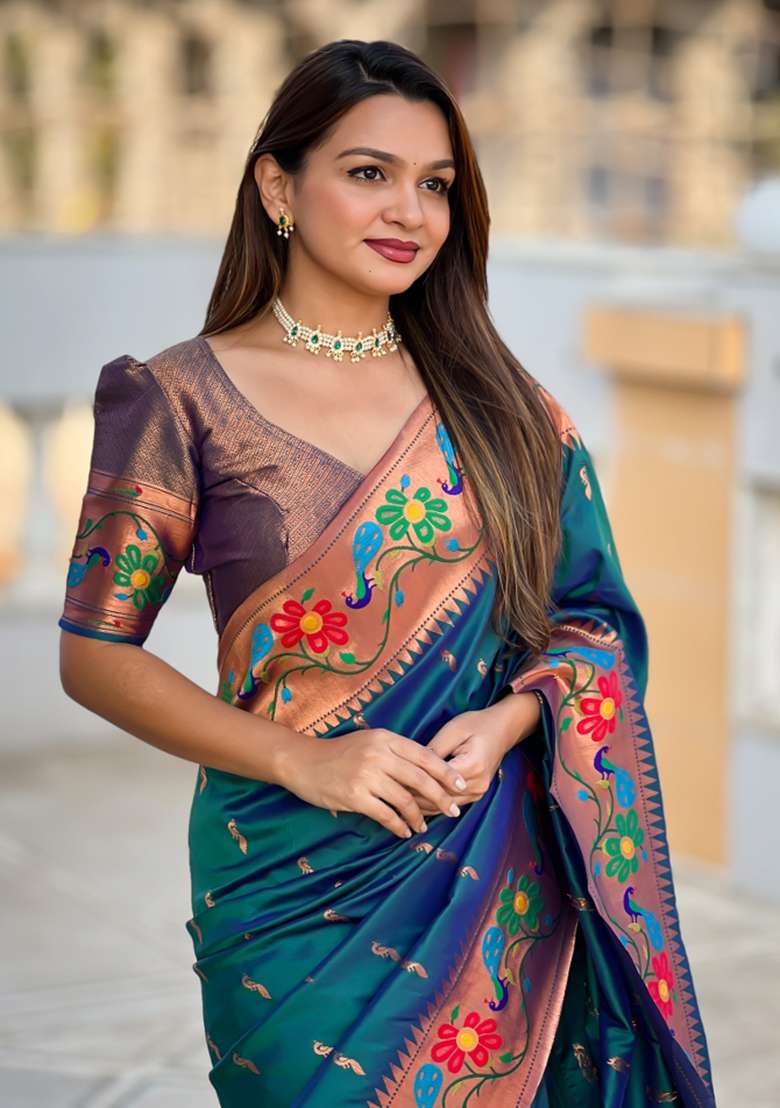 Teal Woven Faux Paithani Silk Saree Set for Diwali and Festive Wear - Indya