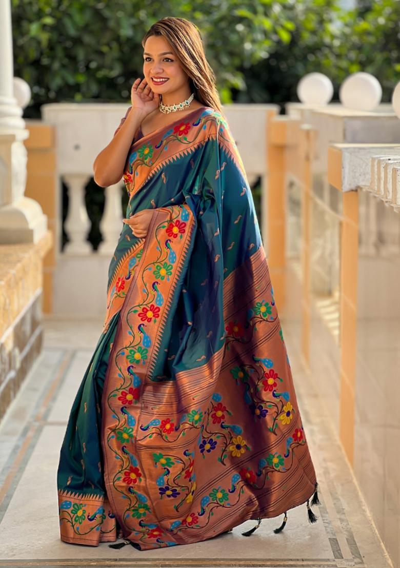 Teal Woven Faux Paithani Silk Saree Set - Indya