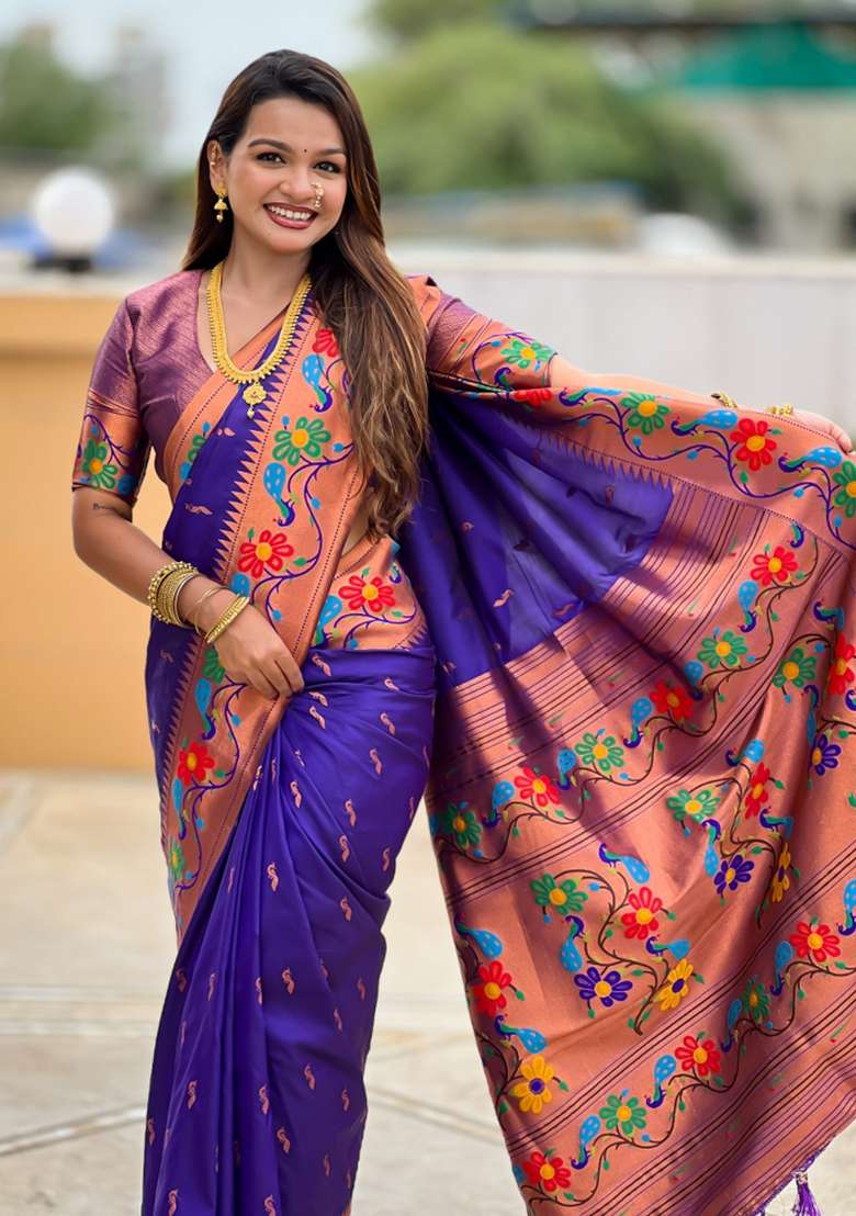 Violet Woven Faux Paithani Silk Saree Set for Diwali and Festive Wear - Indya