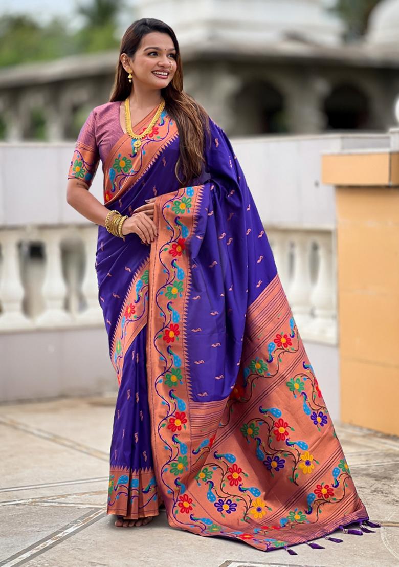 Violet Woven Faux Paithani Silk Saree Set - Indya
