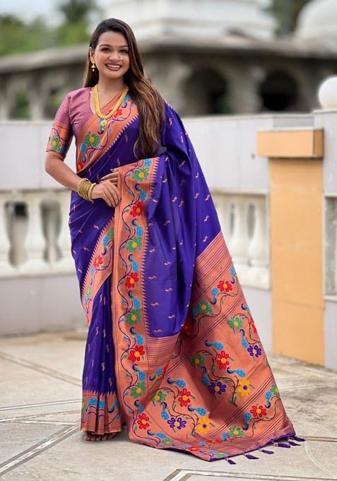 Violet Woven Faux Paithani Silk Saree Set