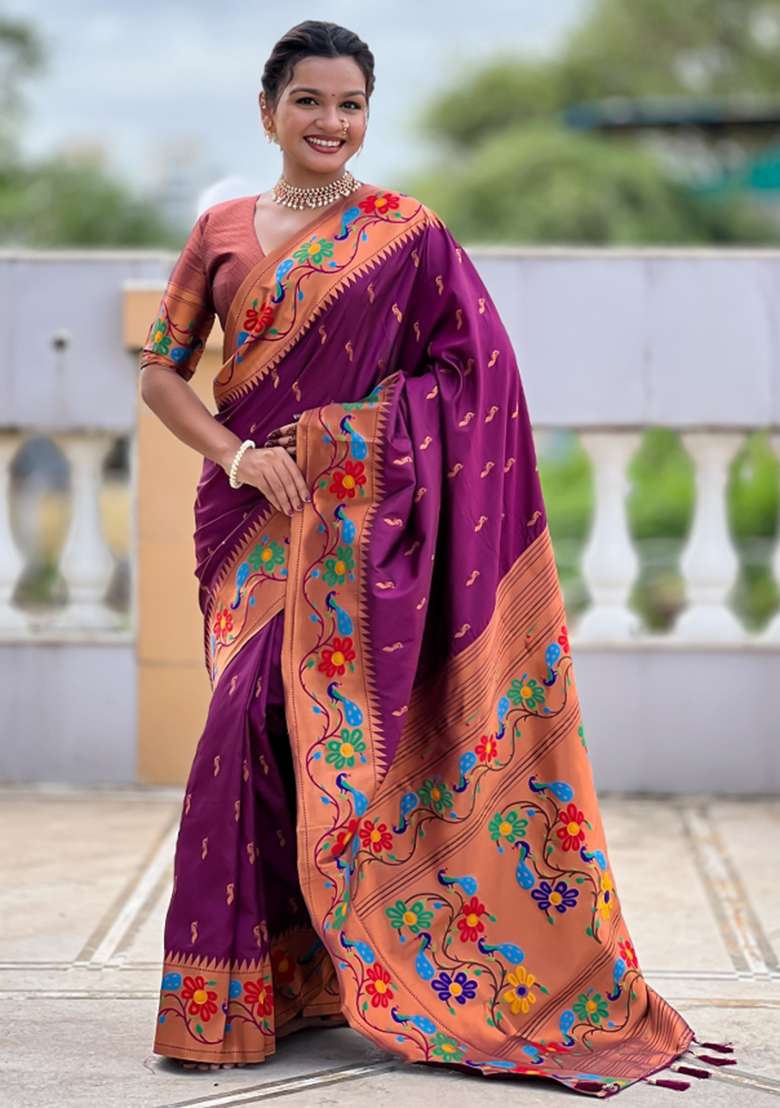 Wine Woven Faux Paithani Silk Saree Set for Diwali and Festive Wear - Indya
