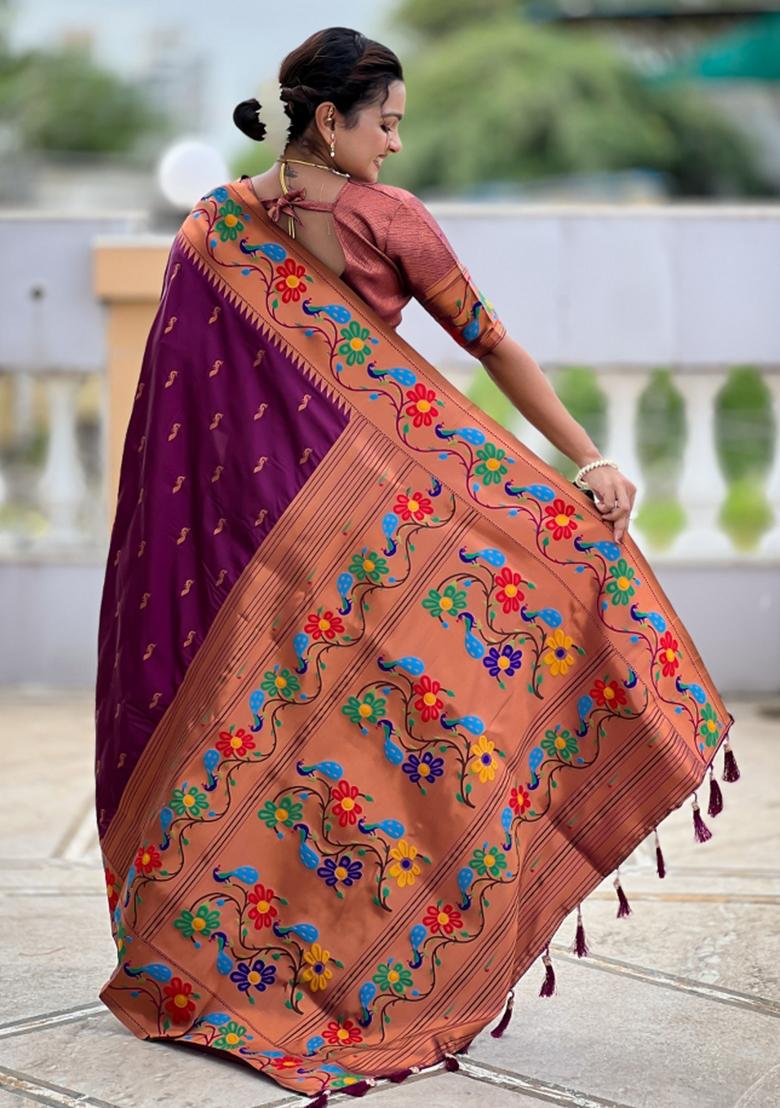 Wine Woven Faux Paithani Silk Saree Set - Indya