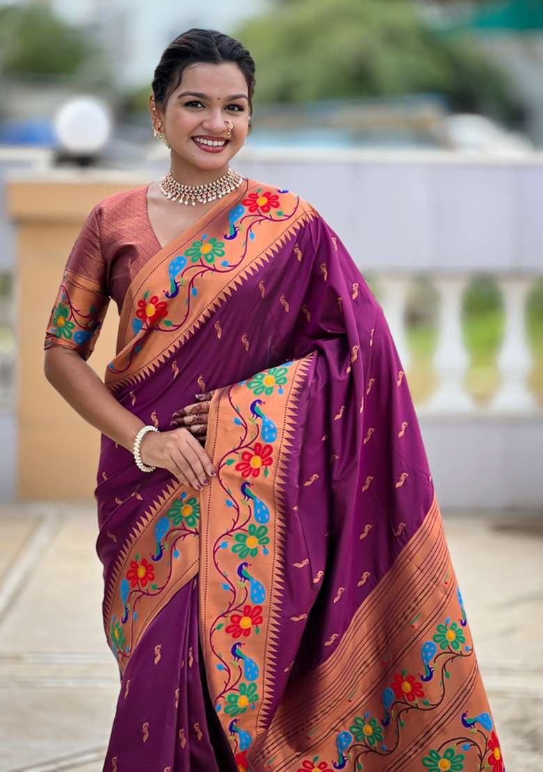 Wine Woven Faux Paithani Silk Saree Set for Diwali and Festive Wear - Indya