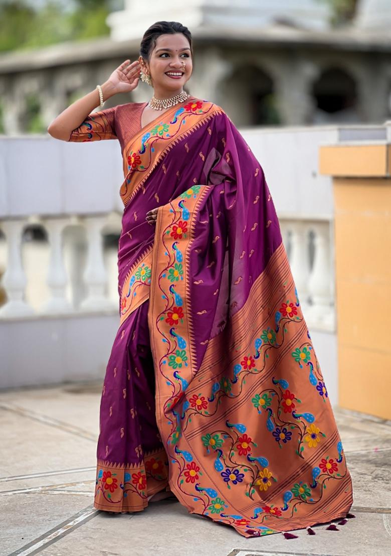 Wine Woven Faux Paithani Silk Saree Set - Indya