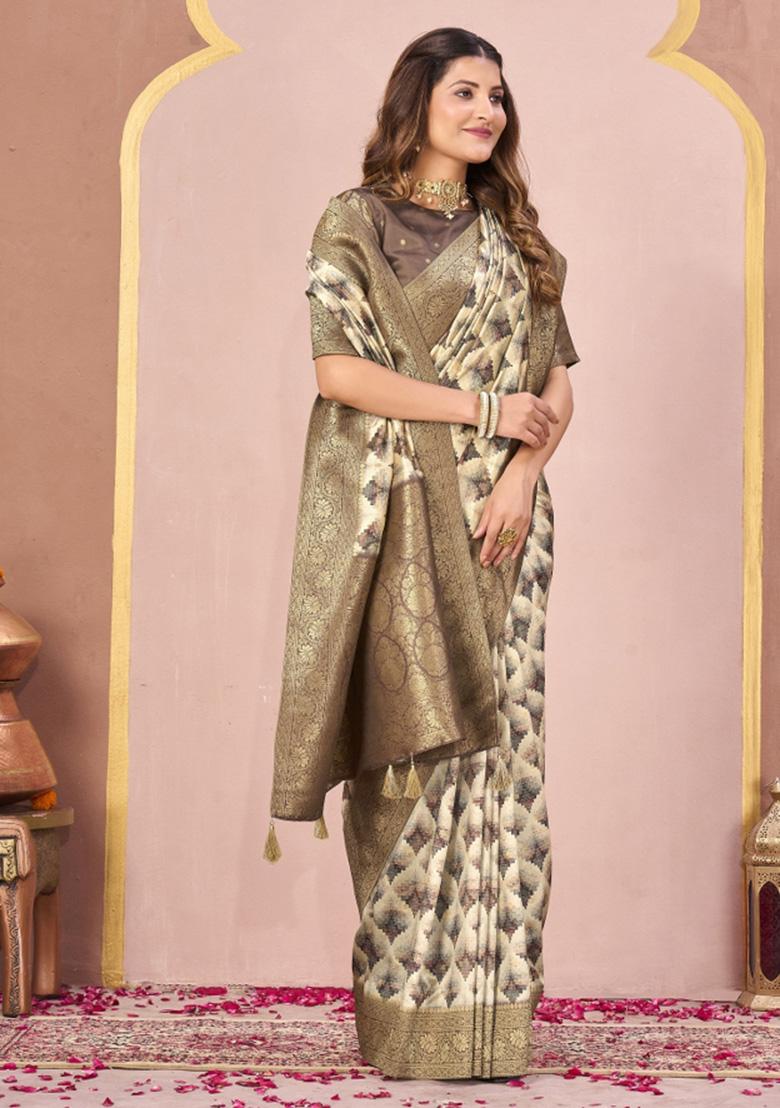 Green Woven Faux Tussar Silk Saree Set - Indya