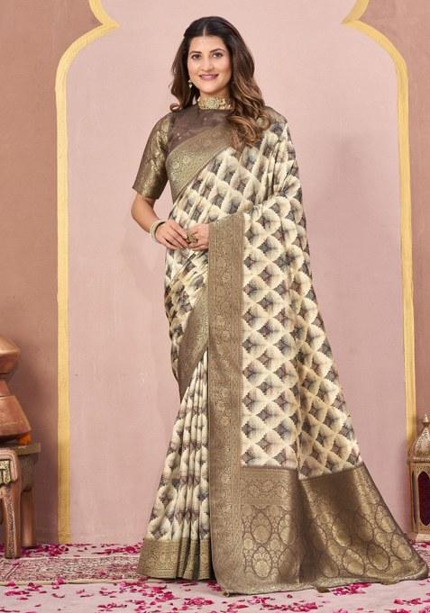 Green Woven Faux Tussar Silk Saree Set