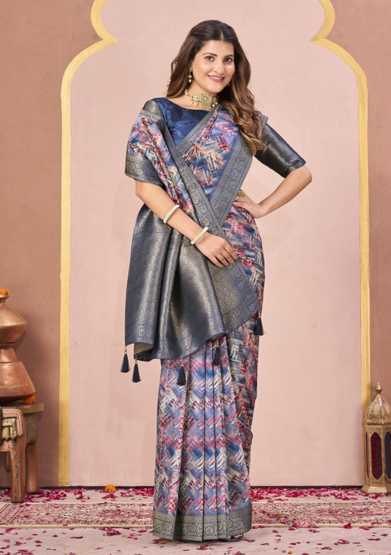Blue Woven Faux Tussar Silk Saree Set - Indya