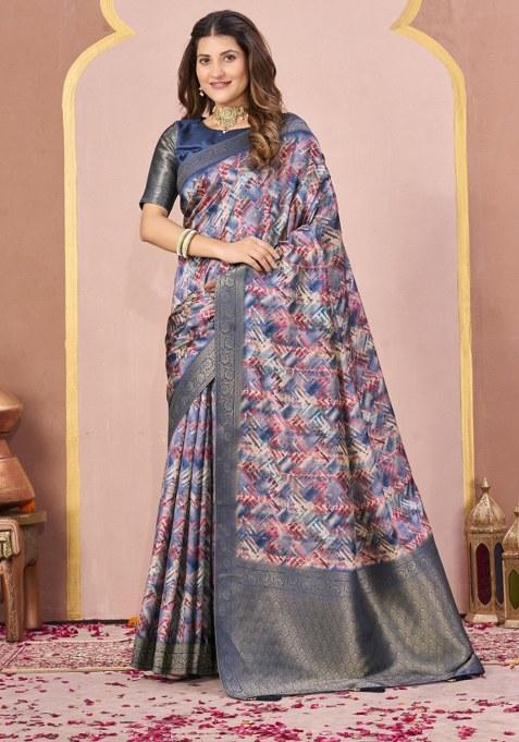 Blue Woven Faux Tussar Silk Saree Set