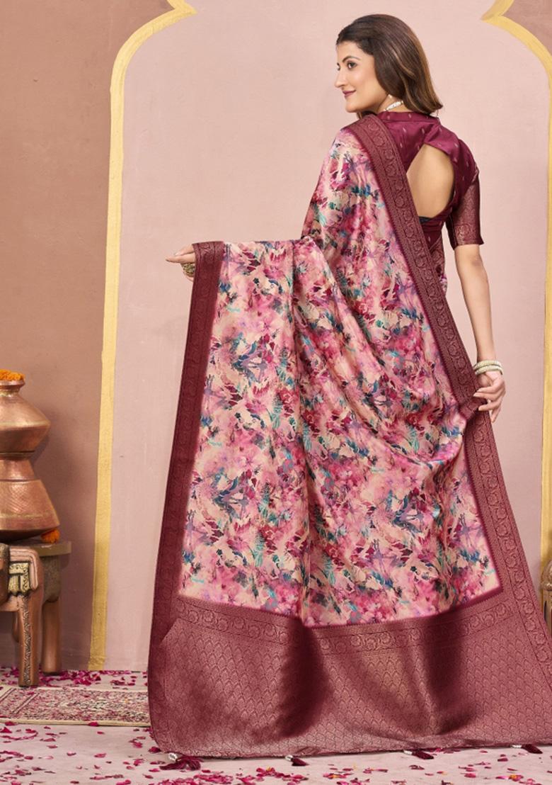 Maroon Woven Faux Tussar Silk Saree Set - Indya