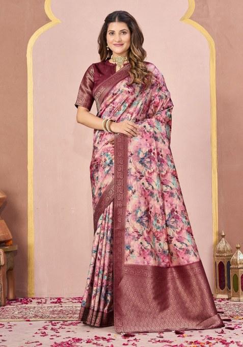 Maroon Woven Faux Tussar Silk Saree Set