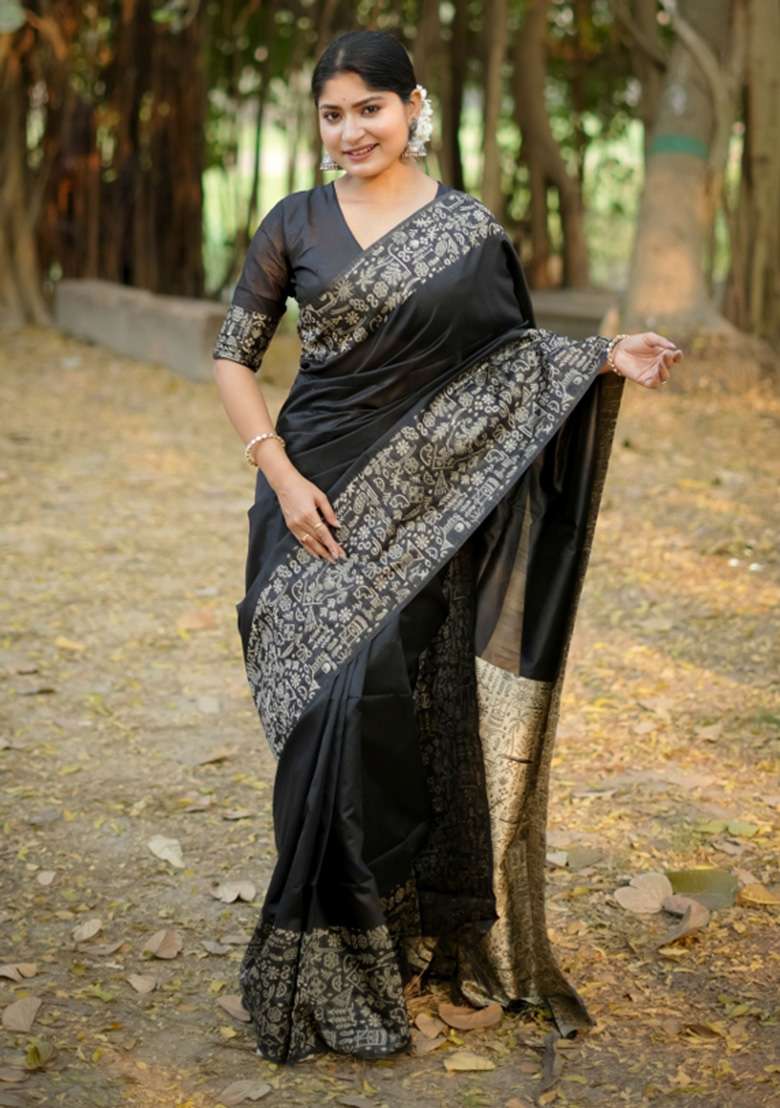 Black Printed Faux Raw Silk Saree Set for Diwali and Festive Wear - Indya