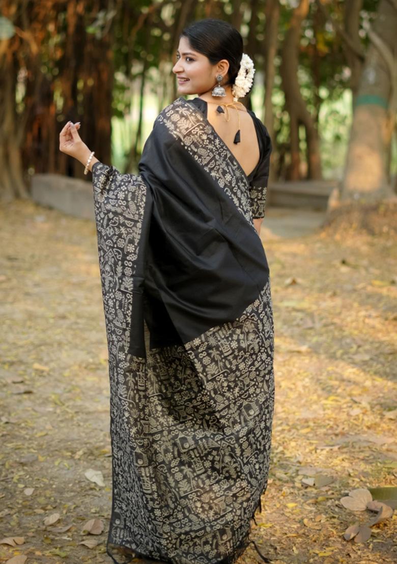 Black Printed Faux Raw Silk Saree Set - Indya